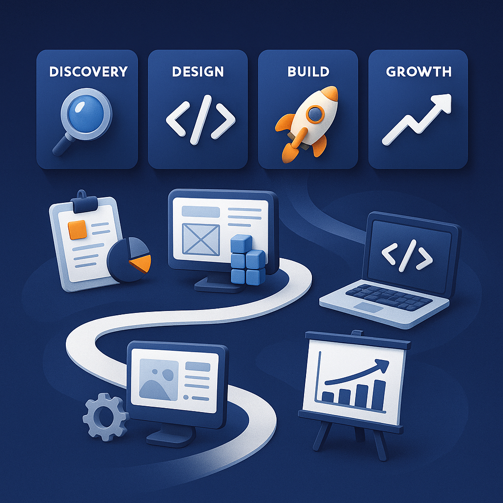Storyboard illustrating Linkersdo discovery, design, build, and growth phases