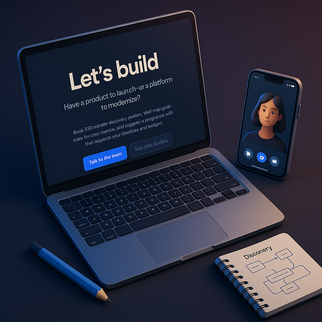 Product discovery call mockup and notebook with roadmap sketch