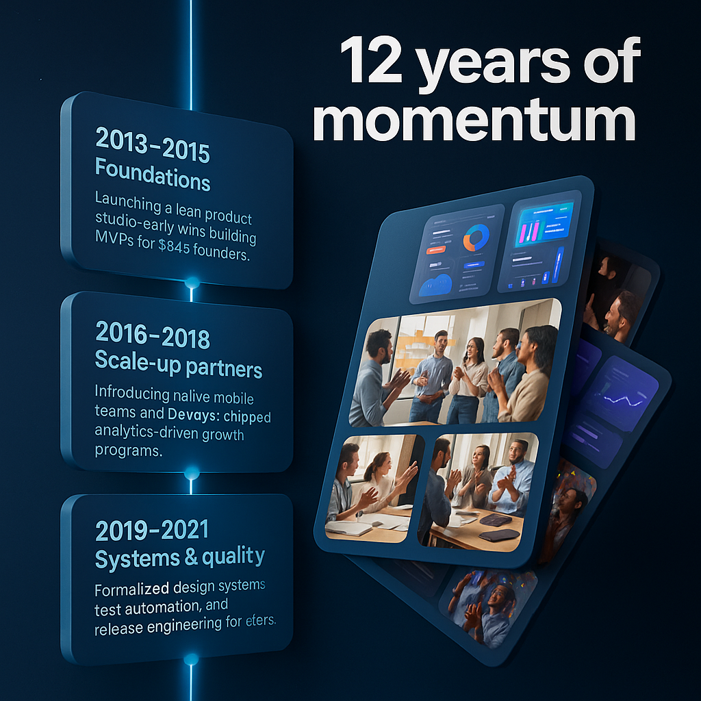 Collage of product screens, workshops, and launch celebrations at Linkersdo